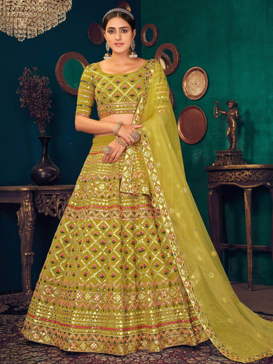 Lime Green Gotta Work Georgette Wedding Lehenga Choli